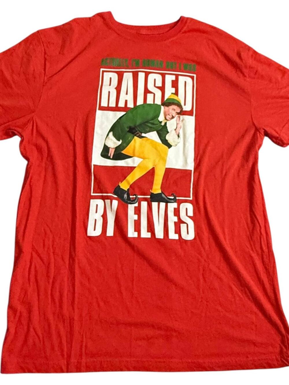 Elf Movie “Raised by Elves” Christmas Graphic Tee Red XL